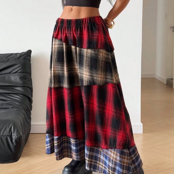 Multicolor Casual Women's Plaid Patchwork Maxi Skirt - Picture 6 of 6